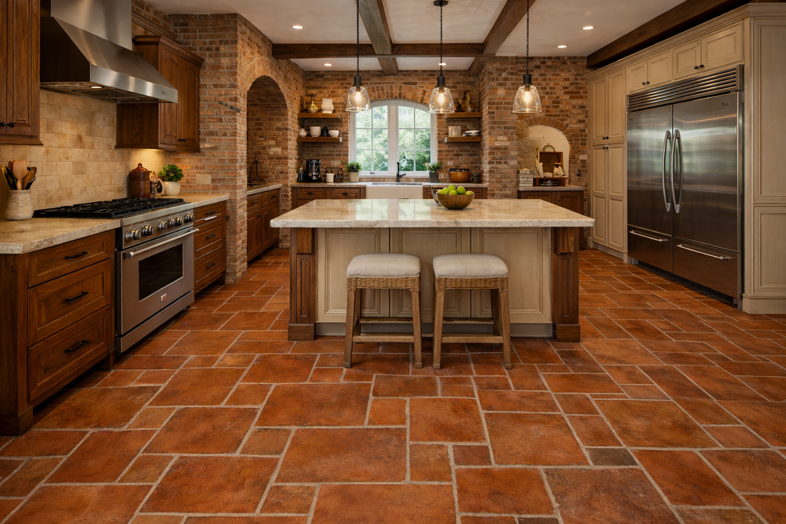 A South Charlotte kitchen with terracotta-colored tile flooring, exposed brick walls, wood cabinetry, and natural light creating a warm, inviting space.