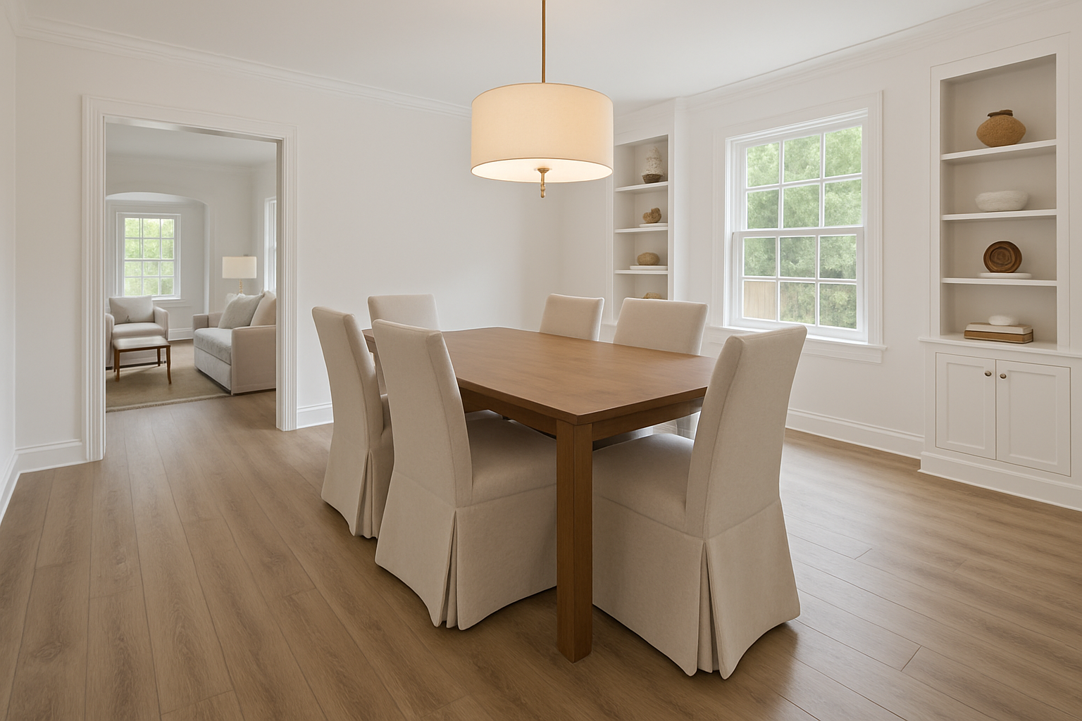 A bright, modern South Charlotte dining room with luxury vinyl plank flooring, a wooden dining table, upholstered chairs, built-in shelving, and large windows overlooking greenery.