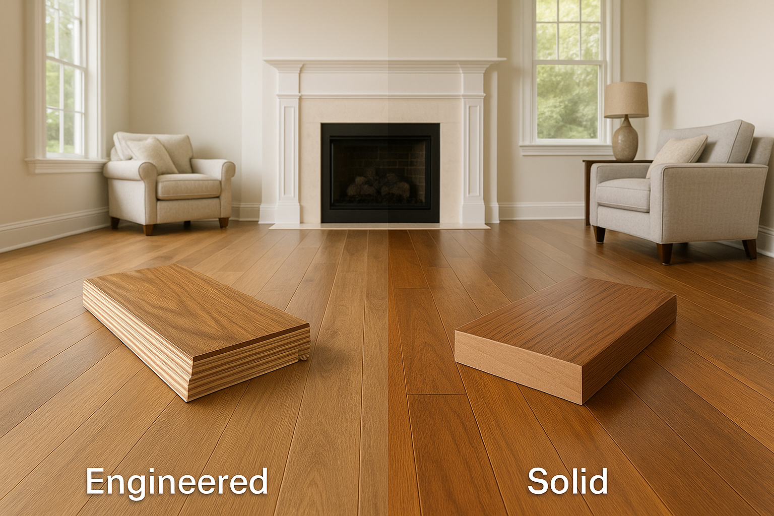 A split-view image inside a bright, upscale South Charlotte living room shows engineered hardwood flooring installed on the left side and solid hardwood flooring on the right. The engineered side includes a visible sample plank placed on the floor with cu