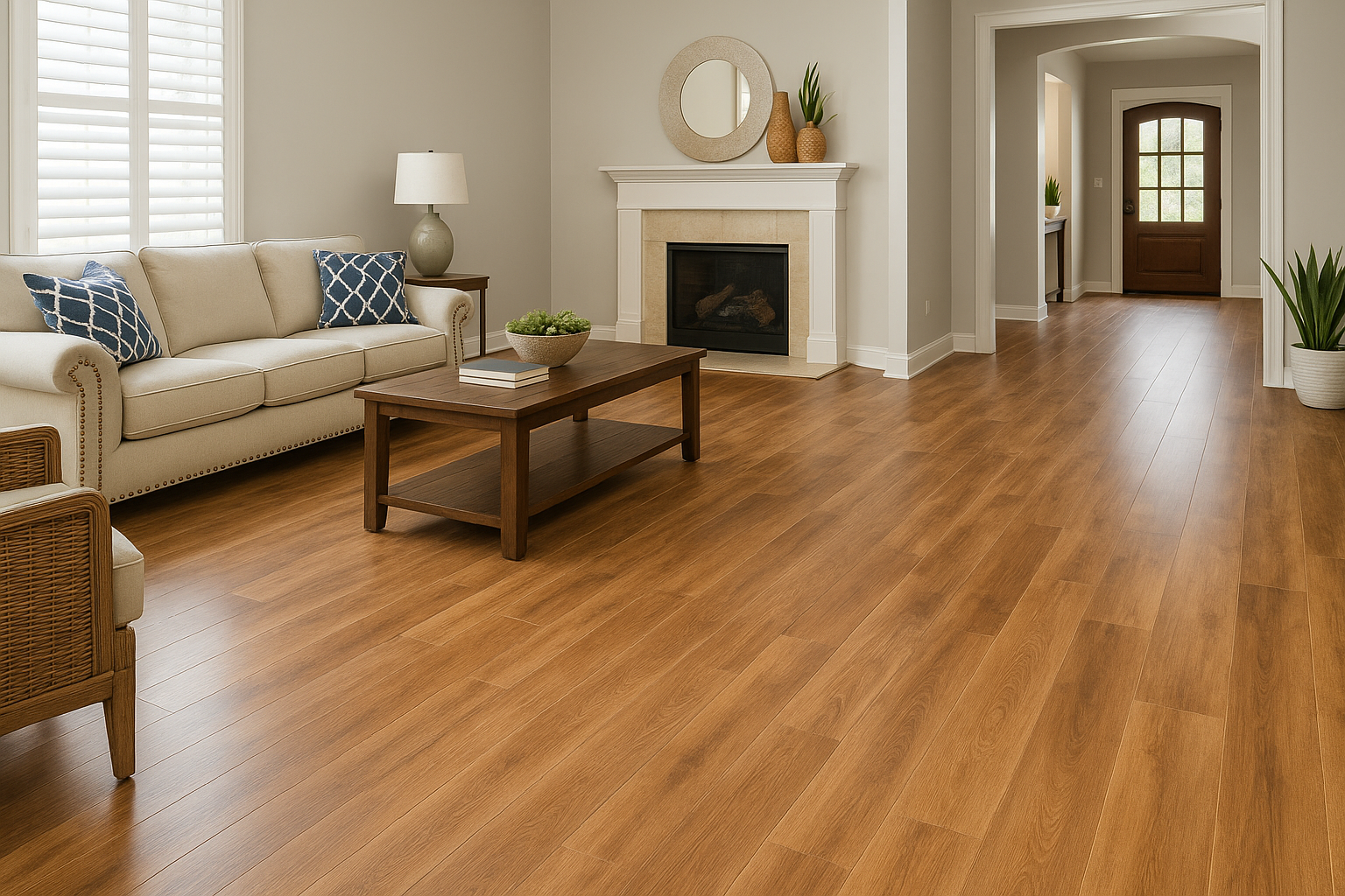 A beautiful living room in a South Charlotte, North Carolina home featuring warm-toned wood-look laminate flooring with a high-end hardwood appearance. The space includes a cream-colored sofa with blue accent pillows, a dark wood coffee table, and a white