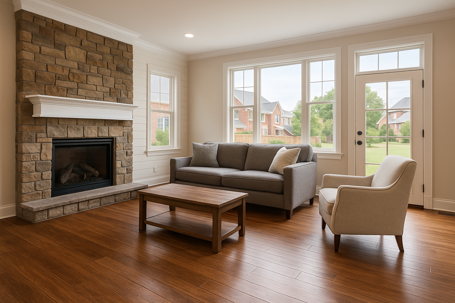 A sunlit living room in a traditional South Charlotte home featuring warm-toned hardwood flooring, a stone fireplace with white trim, and a cozy seating arrangement including a gray sofa, neutral armchair, and wood coffee table. Large windows frame views 